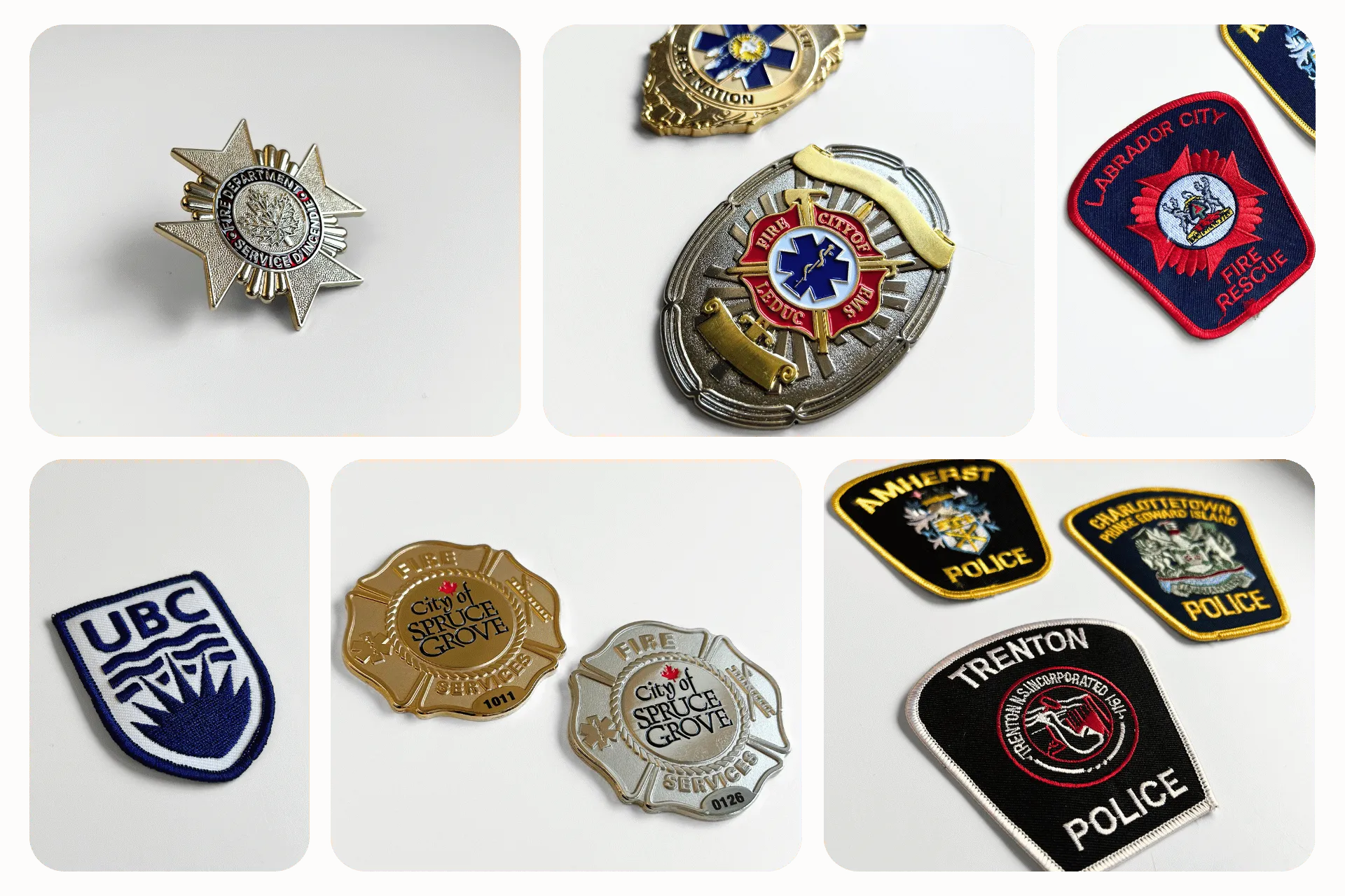 Collection of various Canadian police and fire service badges and patches, including City of Spruce Grove fire service badges, UBC patch, and Amherst, Charlottetown, Trenton police patches.
