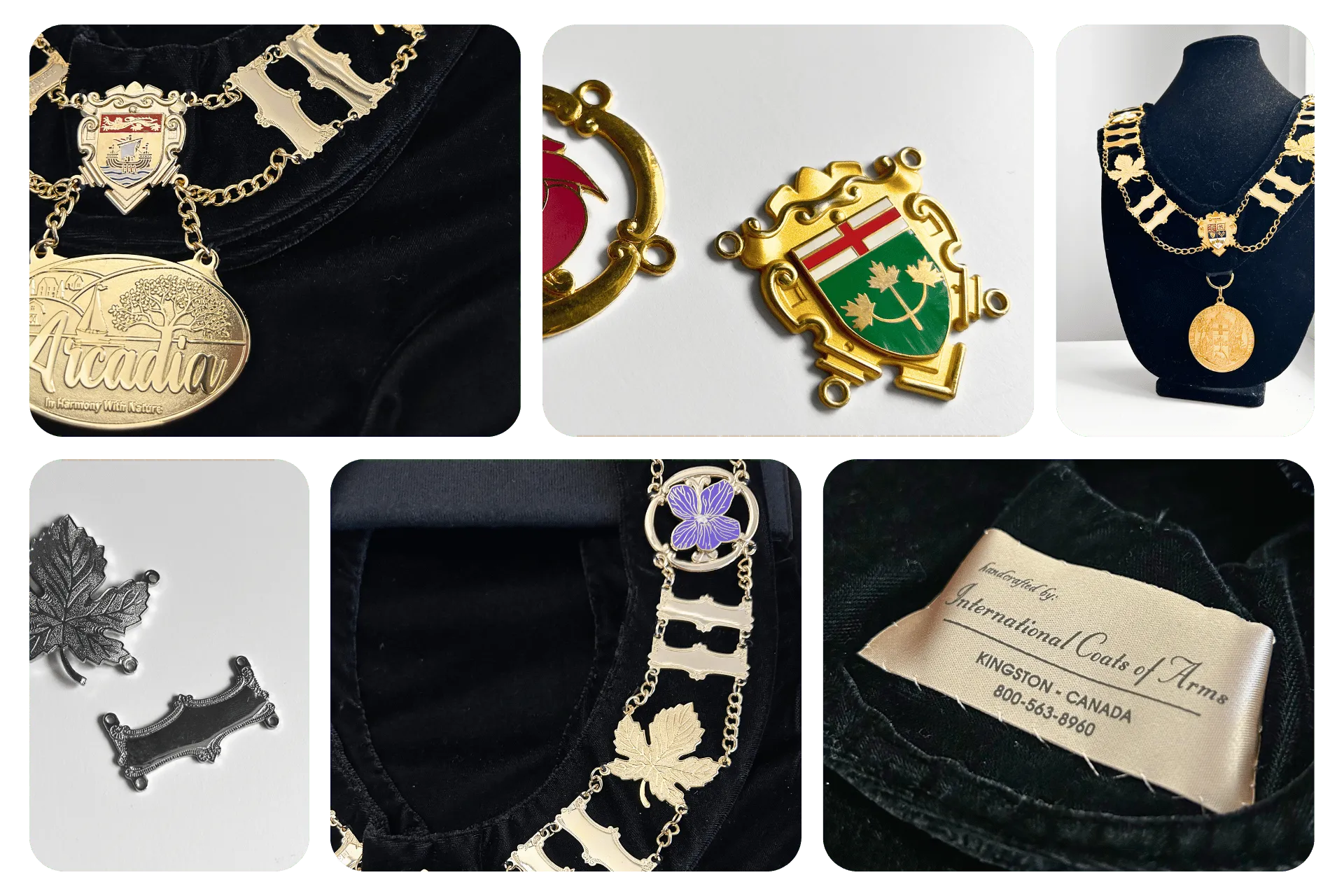 Collage of ceremonial chains of office and badges featuring gold and silver decorative plates with maple leaf motifs, coat of arms, and a label reading International Coats of Arms, Kingston Canada.