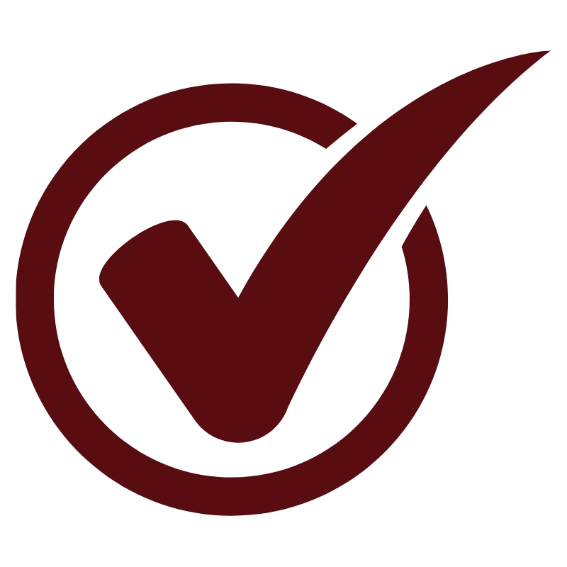 Dark red check mark inside a partial circular outline on a transparent background.