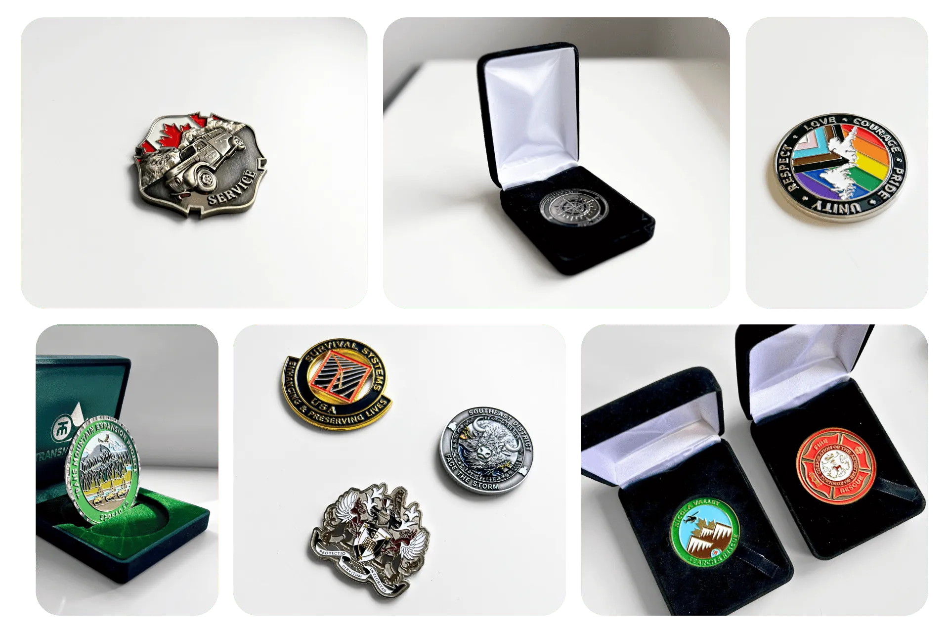 Collage of various commemorative and service pins, including ones featuring a Canadian flag and vehicle, a rainbow pride design, a fire department emblem, and others in presentation cases.