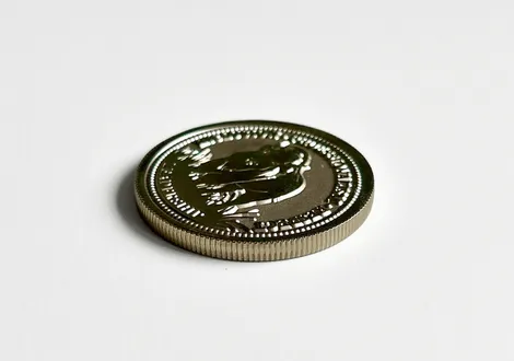 Close-up view of a shiny coin lying flat on a white surface showing detailed ridged edges and a portrait on one side.