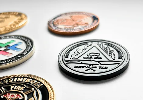 Close-up of five different coin finishes including gold, silver, bronze, and black with detailed logos and text.