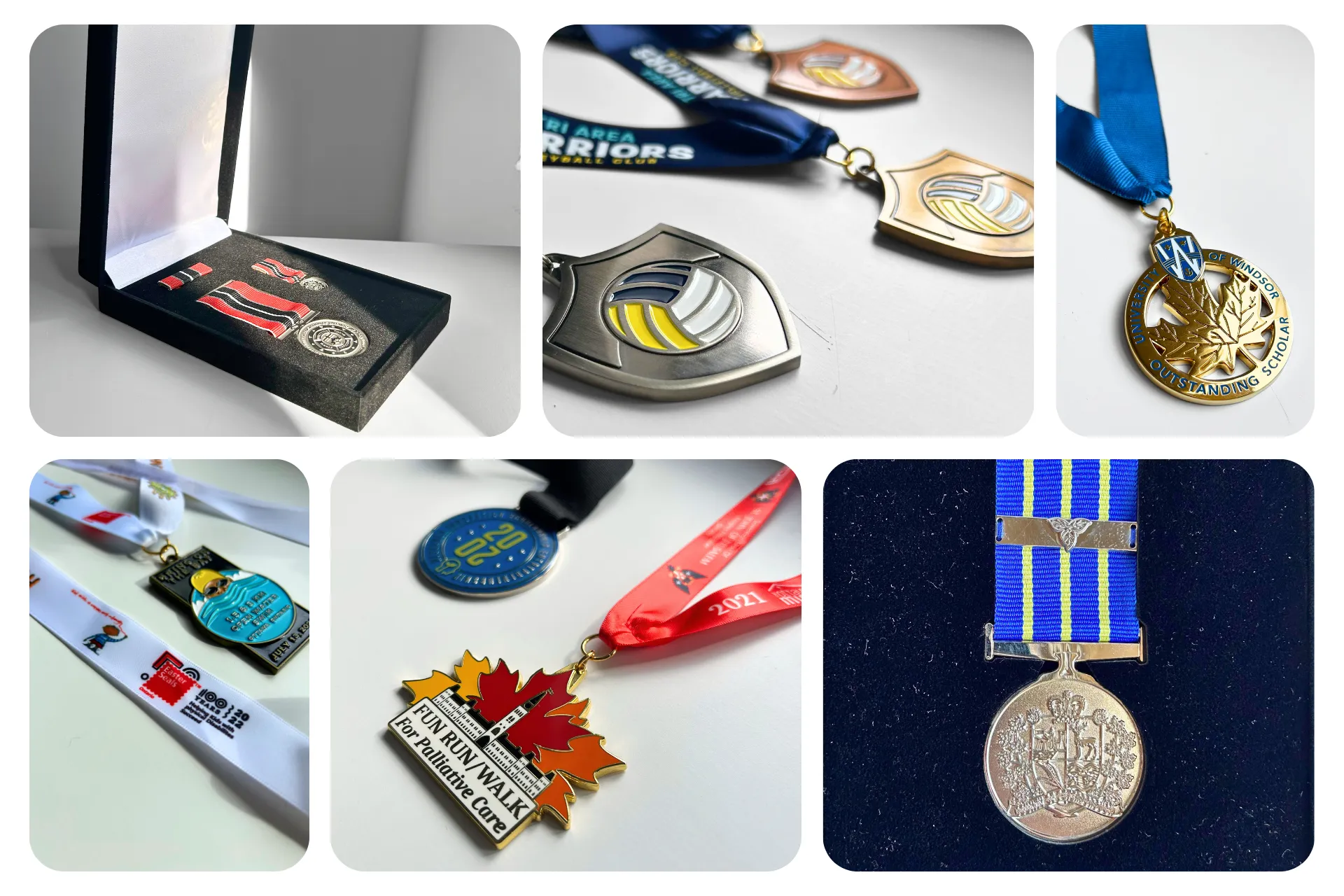 Collage of six medals including a silver shield volleyball medal, a University of Windsor Outstanding Scholar medal with a blue ribbon, and various colorful event medals for runs and achievements.