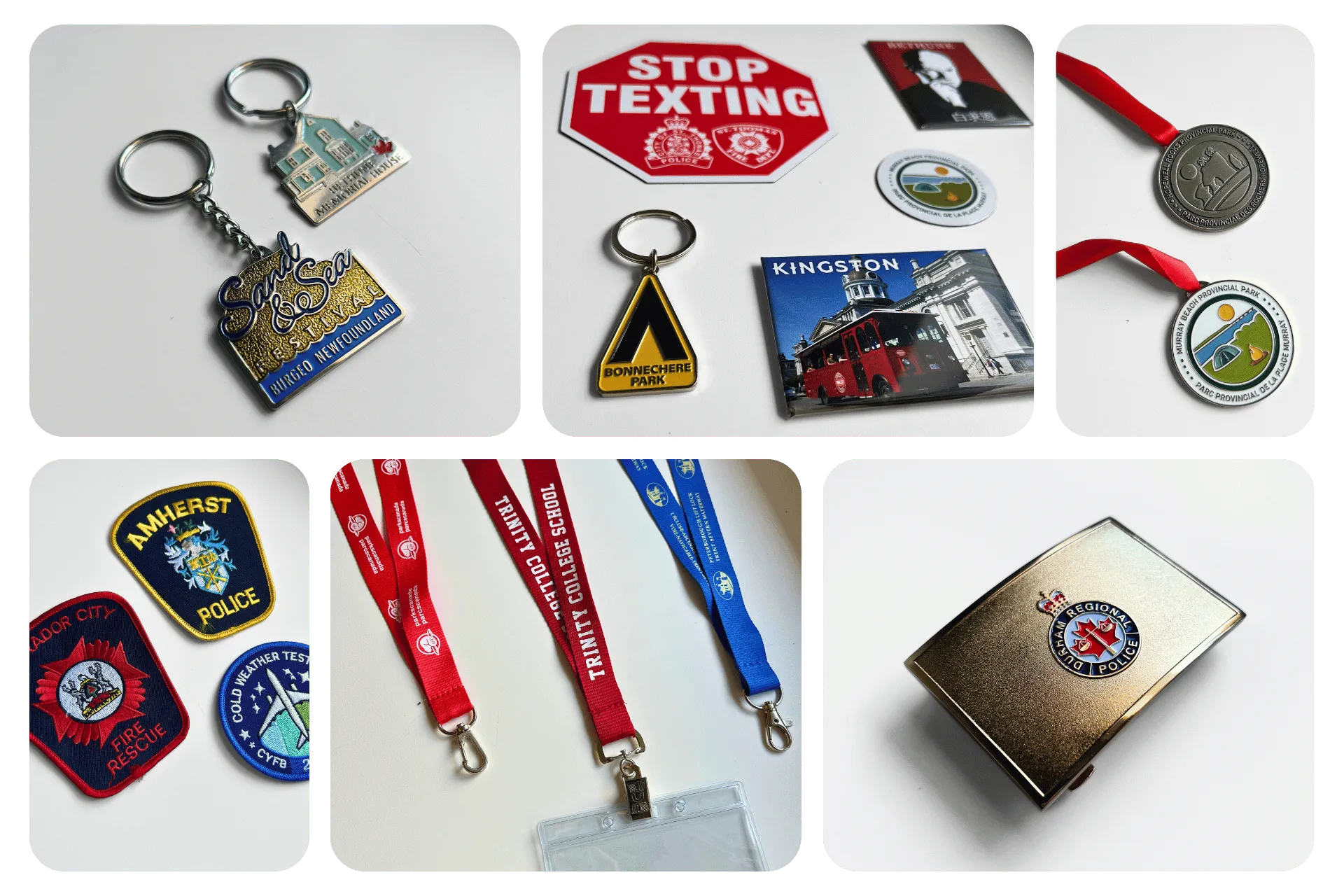 Collage of police and park-themed memorabilia including keychains, patches, lanyards, magnets, medals, and a metal badge holder.